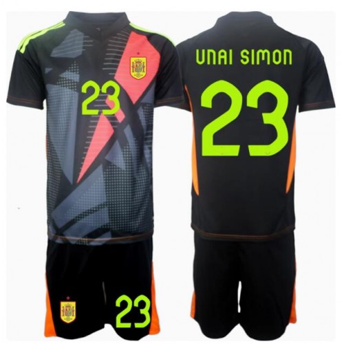 Stroje piłkarskie Hiszpania Unai Simon #23 Bramkarskie Koszulka Wyjazdowej dla dzieci ME 2024 Krótki Rękaw (+ szorty)